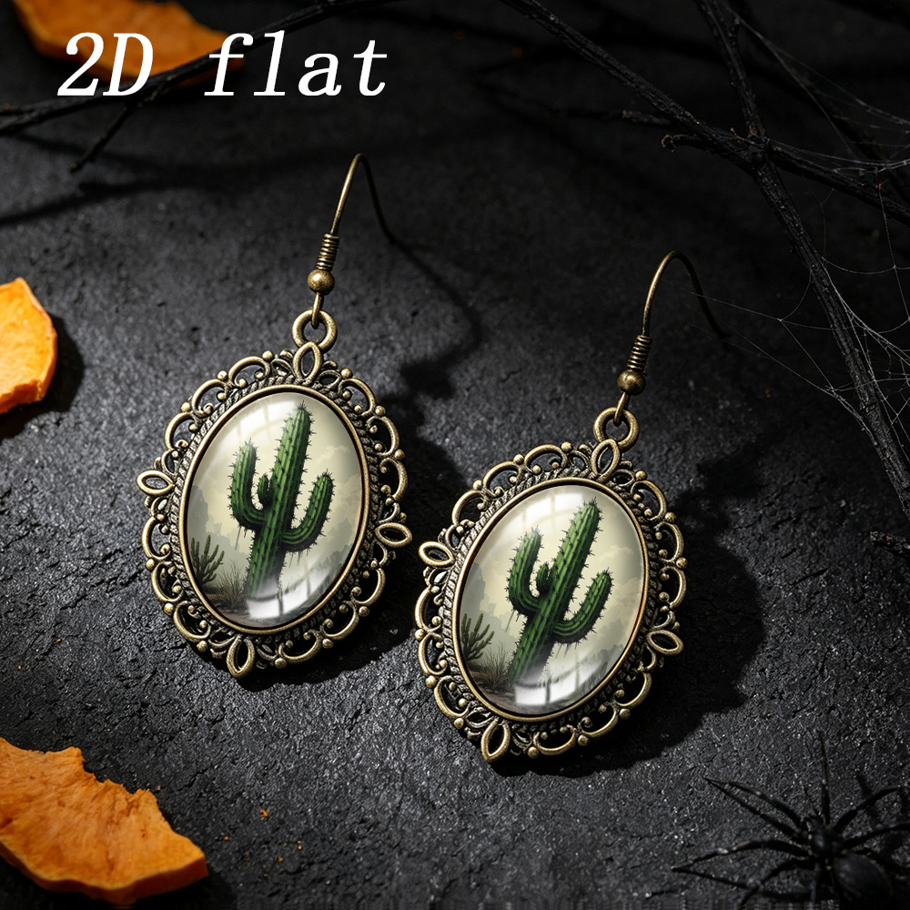Desert Cactus Pattern Oval Dangle Earrings, Handmade Gift